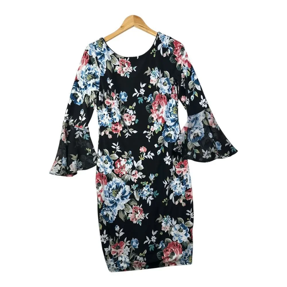 White House‎ Black Market Floral Print Bell Sleeve Midi Dress size Small Black